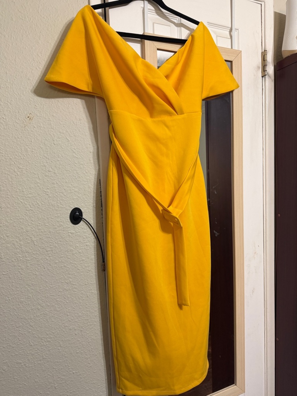 SHEIN Bright Yellow One-Shoulder Wrap Midi Dress